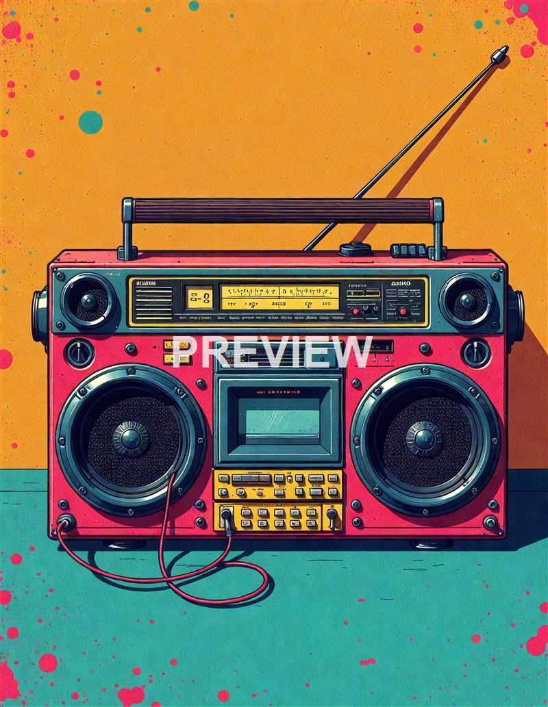 A colorful, vintage-style illustration of a red boombox with multiple speakers, buttons, and an antenna, set against a vibrant orange background with splashes of pink and teal paint.
